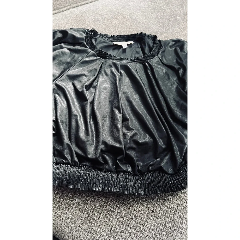 Hannah Banana Faux Leather Blouse Girls Size 10 Black Smocked Hem Short Sleeve